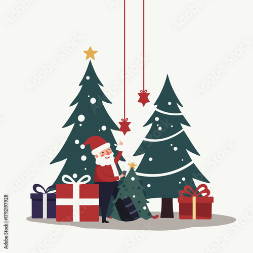 A festive holiday vector illustration of Santa Claus reading his list next to decorated pine trees and wrapped gifts for Christmas