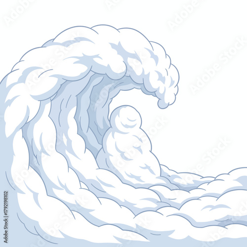 An artistic illustration of a breaking wave made of snow, with a snowman visible within its crest, capturing a unique winter ocean scene