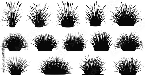 Grass silhouette collection, black plant clumps, botanical vector set, landscaping elements, nature foliage icons, garden design, flat illustration, CAD drawing