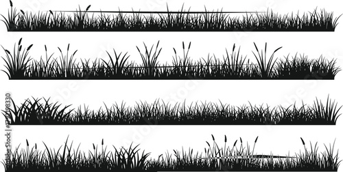 Grass silhouette vector set, black nature elements, wild grass blades, cattails, decorative border, landscape design, flat style, editable