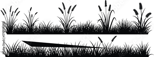 grass, silhouette, nature, marsh, wetland, boat, canoe, plants, foliage, horizontal, strip, black, white, vector, tranquil, outdoor, landscape, wild, scenery, illustration