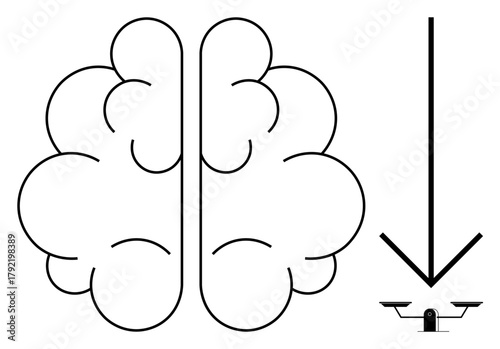 Brain outline with downward arrow and balance scale symbolizes decision-making, thought, and evaluation. Ideal for logic, critical thinking, judgement, psychology, balance, mental health simple flat