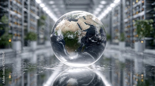 Fototapeta Naklejka Na Ścianę i Meble -  AI helping planet sustainability, glowing Earth in server aisle,