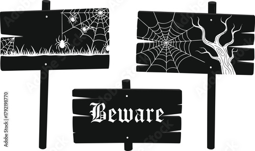 Halloween signboard, spooky wood, beware sign, spider web, creepy tree, horror theme, black vector, cad drawing flat vector illustration