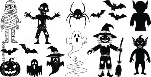 Halloween silhouettes, spooky characters, mummy, zombie, witch, bats, ghosts, jack-o'-lantern, scarecrow, goblins, spider, haunted theme, horror icons, cad drawing flat vector illustration