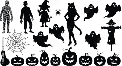  Halloween silhouettes, spooky icons, mummy, zombie, witch, cat costume, ghosts, spider, scarecrow, jack-o'-lanterns, spider web, haunted theme, horror elements, festive symbols, cad drawing flat vect