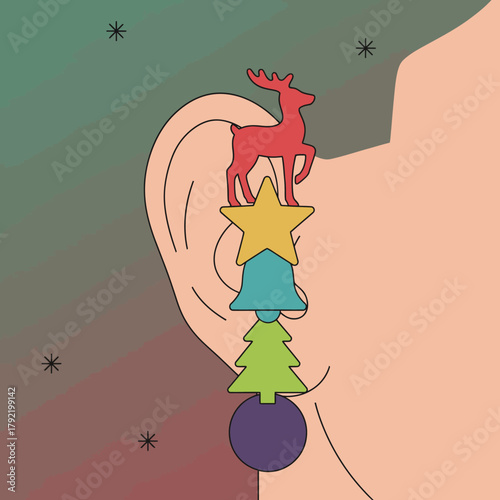 Christmas Earring Featuring a Reindeer, Star, Bell, Christmas Tree, and Bauble