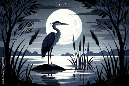 Serene nocturnal scene of a great blue heron standing in a moonlit pond surrounded by reeds and grasses