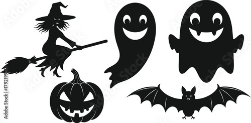 Halloween witch, flying broomstick, spooky ghost, scary pumpkin, bat silhouette, festive icons, horror theme, creepy clipart, eerie design, cad drawing flat vector illustration