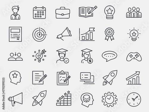 A collection of thin line icons representing concepts of business, startup, education, and project management on a light background.