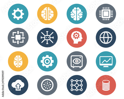 Collection of colorful circular icons representing various technological and scientific concepts.