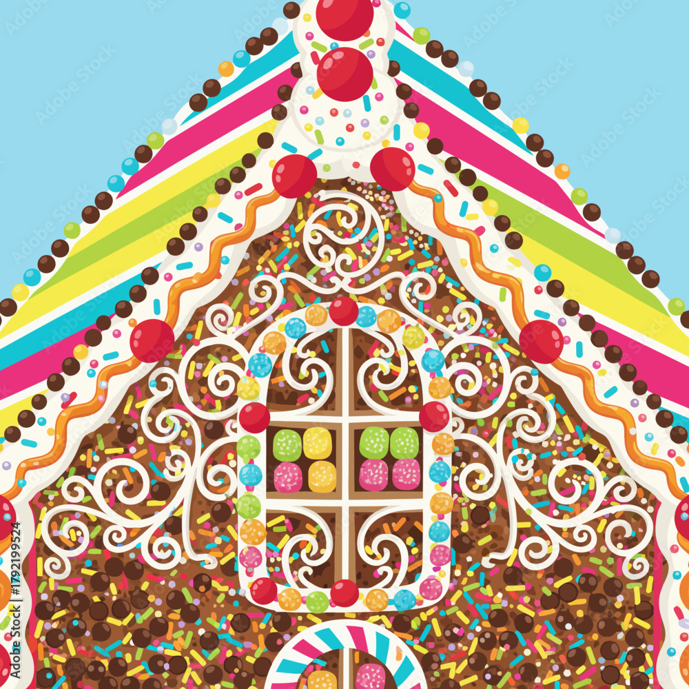 Naklejka premium Festive Gingerbread House Illustration Colorful Candy Decorations and Sweet Treats