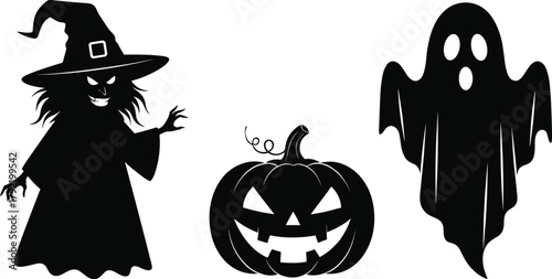 Halloween witch, spooky ghost, scary pumpkin, silhouette icons, black vector, haunted theme, horror clipart, eerie design, festive illustration, cad drawing flat vector illustration