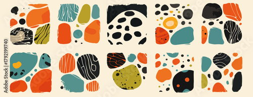 Patrón abstracto de formas orgánicas y texturas en colores tierra, diseño vectorial moderno y minimalista.