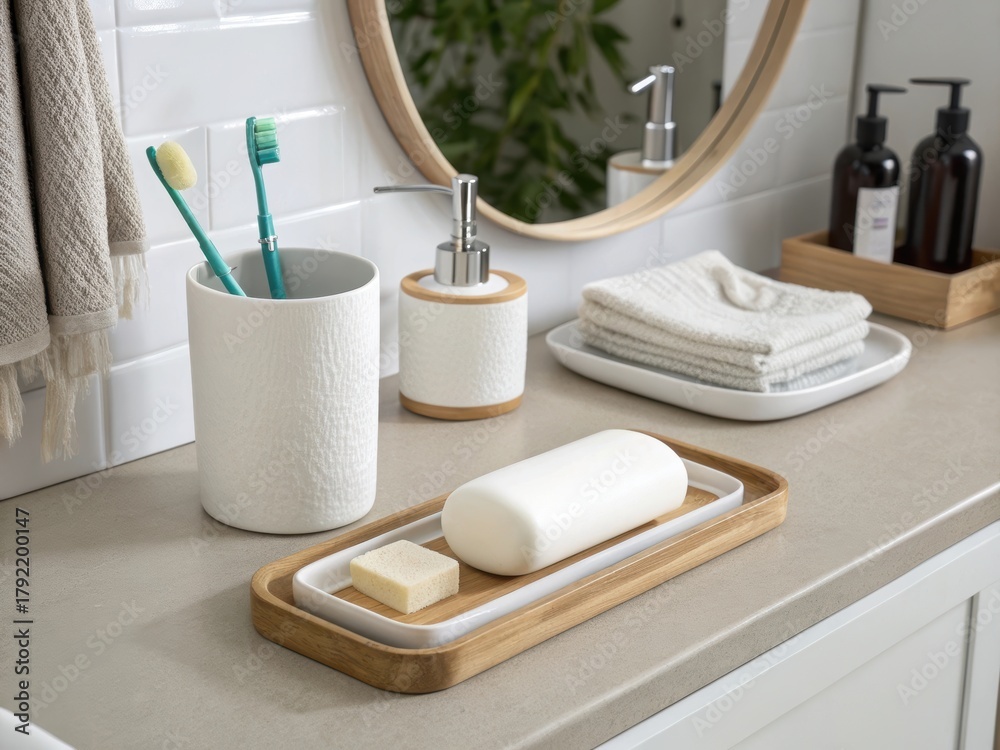 Naklejka premium Elegant Bathroom Counter with Toiletries and Accessories