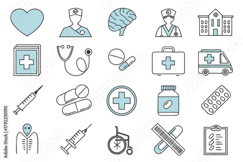 Collection of medical and healthcare-related icons, including heart, brain, pills, and ambulance.