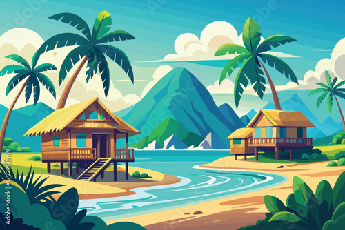 Tropical Paradise Serene Beach Cabins Under Palm Trees, Majestic Mountain Views, & Coastal Bliss