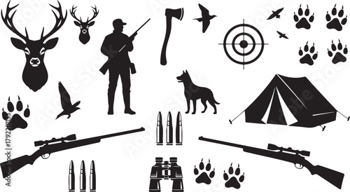 Hunting Icons: Deer, Hunter, Dog, Rifles, Tent, and More