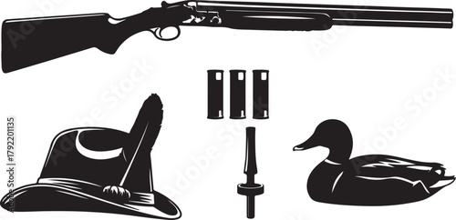 Hunting Gear: Shotgun, Hat, Duck, and Ammunition Illustration