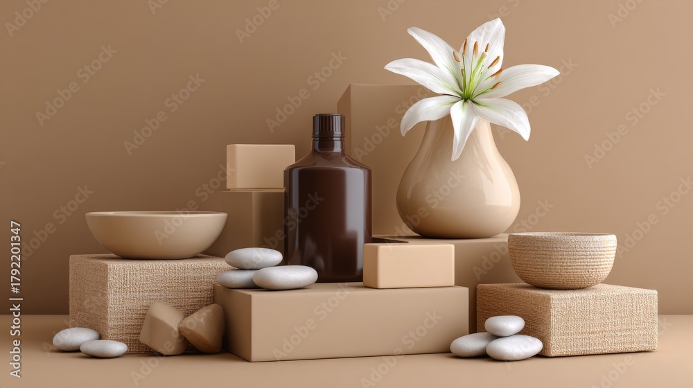 Fototapeta premium An abstract white cream-colored flower design is showcased on a cosmetic product display podium
