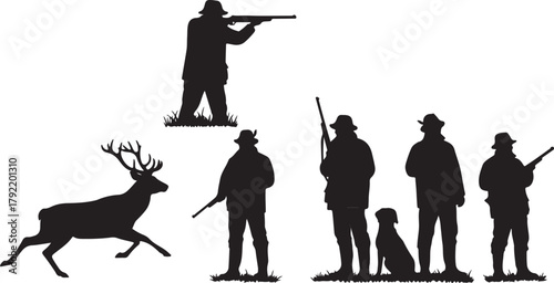 Silhouette of hunters and a deer in a field, ready for the hunt