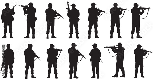 Silhouette of Soldiers with Rifles in Various Poses