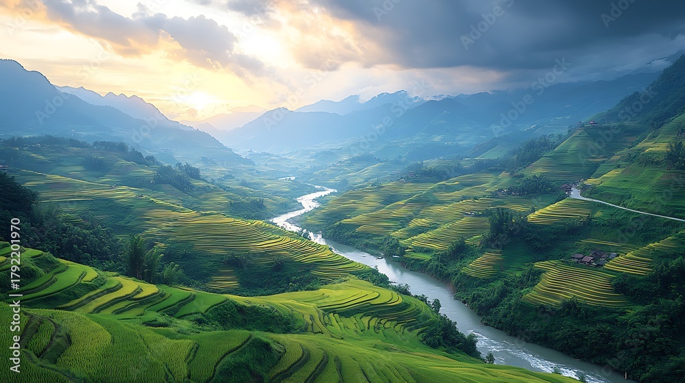 Obraz premium Serene Mountain Valley with Winding River and Lush Green Hills under Cloudy Sky