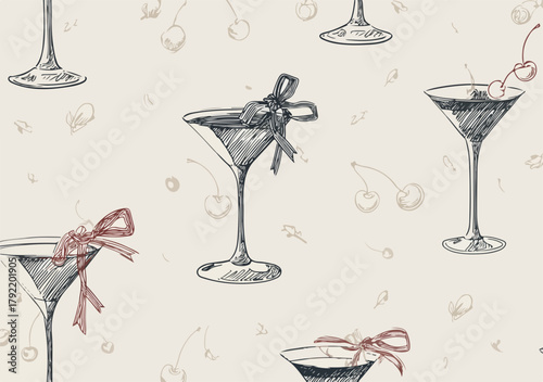Patrón de vector sin costuras con cócteles dibujados a mano y cerezas, perfecto para diseño festivo.