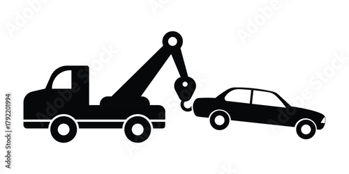 Towing service icon. Truck towing car service sign with Black Tow Truck Silhouette. Towed vehicle sign vector. Warning road sign.