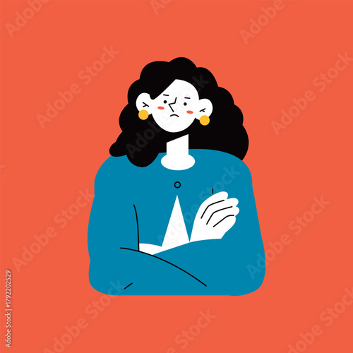 Annoyed Woman with Crossed Arms in Flat Illustration Style. Negative emotions. Female upper body.