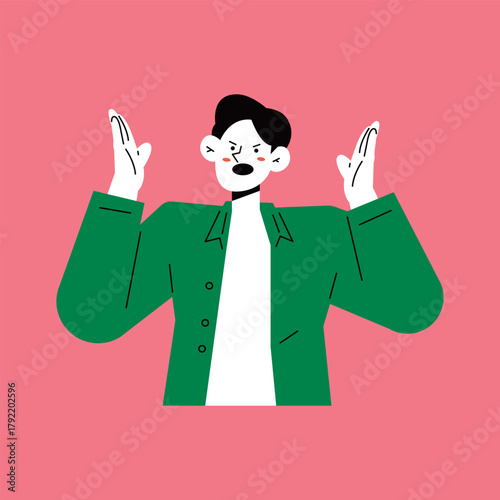 Frustrated Man Raising Hands in Exasperation. Negative emotions. Male upper body.