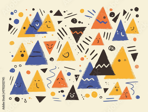 Patrón abstracto de triángulos divertidos con caras sonrientes y elementos gráficos coloridos sobre fondo claro.