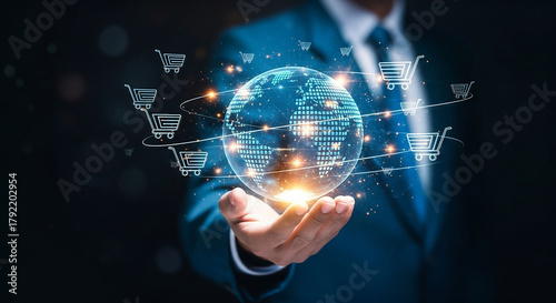 Businessman holding a digital globe with shopping cart icons symbolizing global e-commerce and online retail.