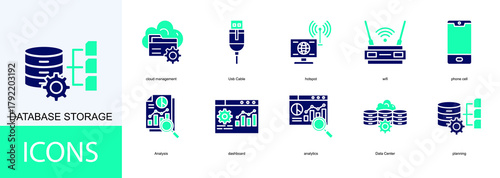 database storage icon collection set. Containing cloud management, Usb Cable, hotspot, wifi, phone cell, Analysis icon