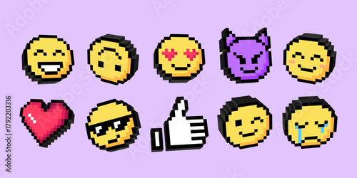 Collection of colorful pixel art emojis in 3D retro style. Various emotions, smiley faces, crying, love eyes, devil, heart, wink, thumbs up icons. Isolated sticker, design, decoration for social media