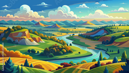 Very beautiful stunning panoramic photo of the Missouri state landscape, featuring rolling hills, rivers, forests, and open fields under a vast sky, capturing the serene natural beauty and diverse sce