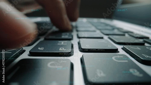 Detailed close-up of hands typing on a keyboard with computer code overlay, capturing the essence of technology, software development, and digital innovation in action. Xenic