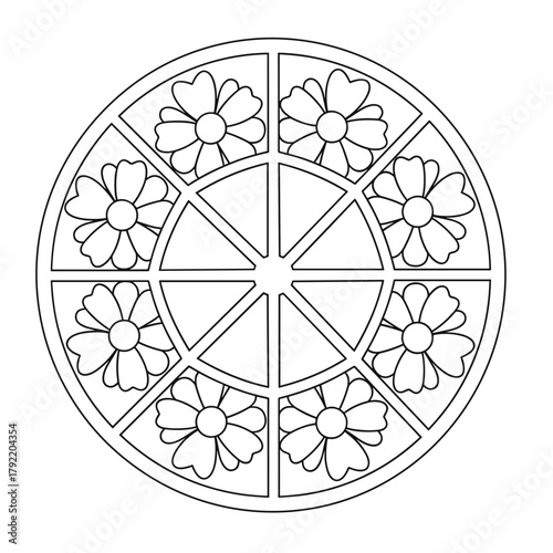 Mandala coloring page for kids featuring floral patterns in sections  