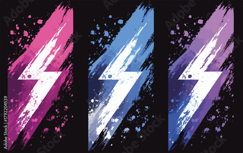 Iconos de vector de rayo en degradados de color rosa, azul y morado sobre fondo negro con salpicaduras