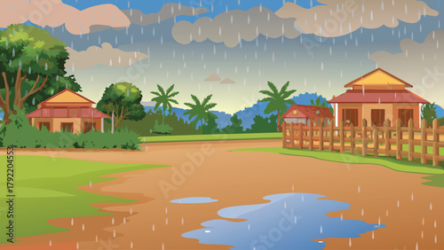Cartoon asian countryside during rain green wet field vector illustration ai generated