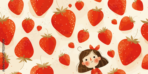 Ilustración vectorial de una niña sonriente rodeada de fresas rojas sobre un fondo de color crema.