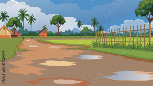 Cartoon asian countryside during rain green wet field area vector illustration ai generated