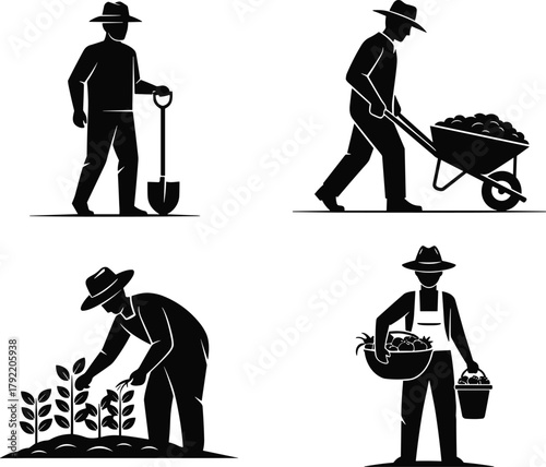 Farmer working in field, agriculture worker with shovel and wheelbarrow, harvesting vegetables, rural farming lifestyle, black white vector illustration