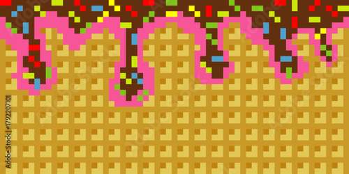 Pixel art of chocolate glaze flowing on a wafer background