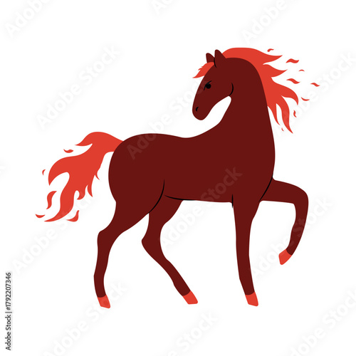 Majestic red horse with flowing mane gracefully prancing against a bright background