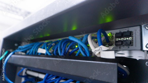 Network Switch with Blue Ethernet Cables and Blinking Lights in Data Center