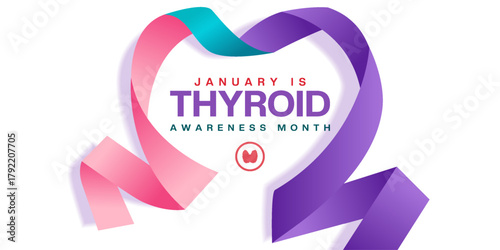January is National Thyroid Awareness Month. Heart shape ribbon and thyroid. Suitable for posters, banners and social media. White background.