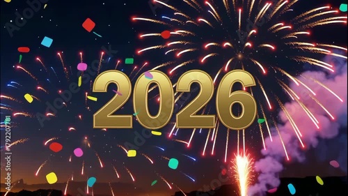Bright shining numbers 2026 on the background of fireworks and firecrackers. Happy New Year greetings.