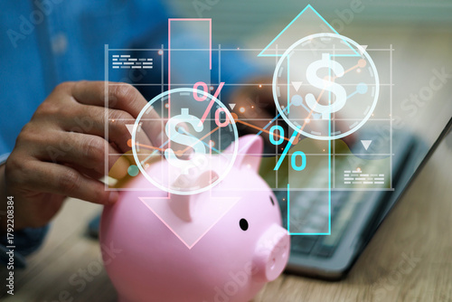 Person saving money in pink piggy bank with laptop, symbolizing digital finance, investment growth, online banking, and financial technology for modern personal finance management