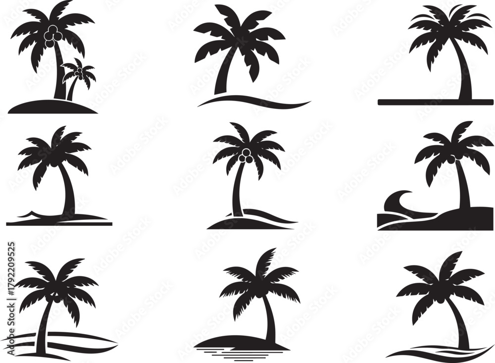 Fototapeta premium Set of Palm Tree Seaside Beach icon, Palm Tree Seaside Beach silhouette vector
